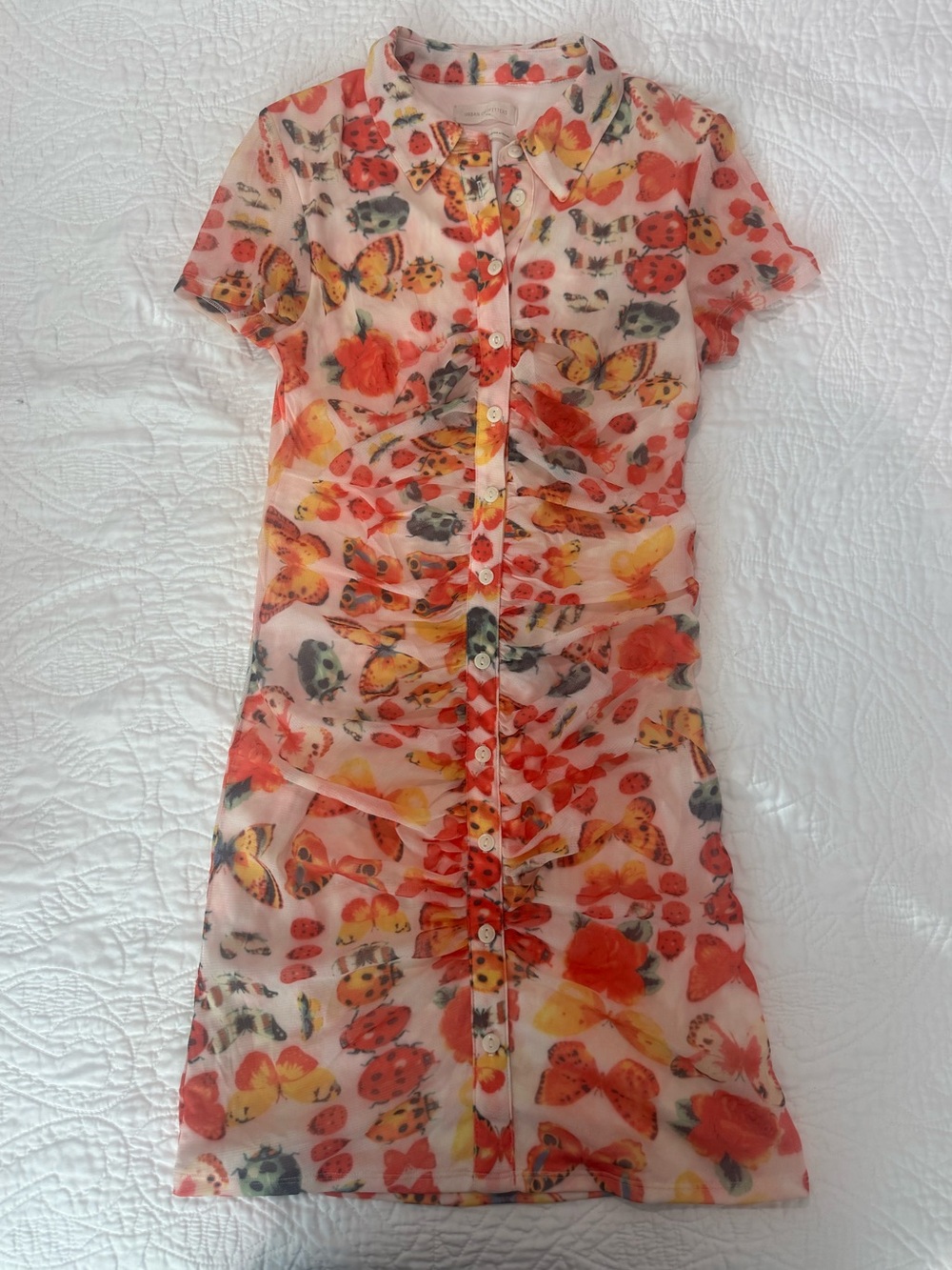 Urban Outfitters Sheer Butterfly & Ladybug Printe Mini Dress in Coral and Yellow